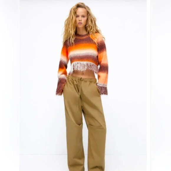 Zara Orange Brown Boho Fall Crop Fringe Sweater Blogger Fave 70s Ombré Spacedye - Picture 2 of 10